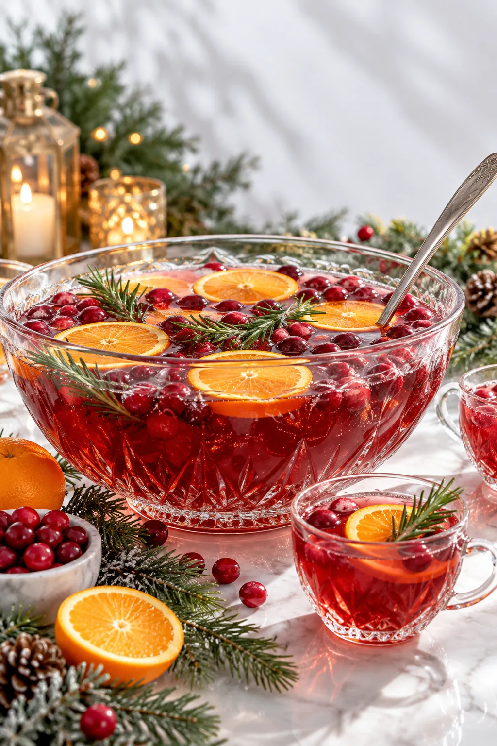 Holiday Punch: red cranberry gin punch in a glass bowl with floating cranberries and rosemary