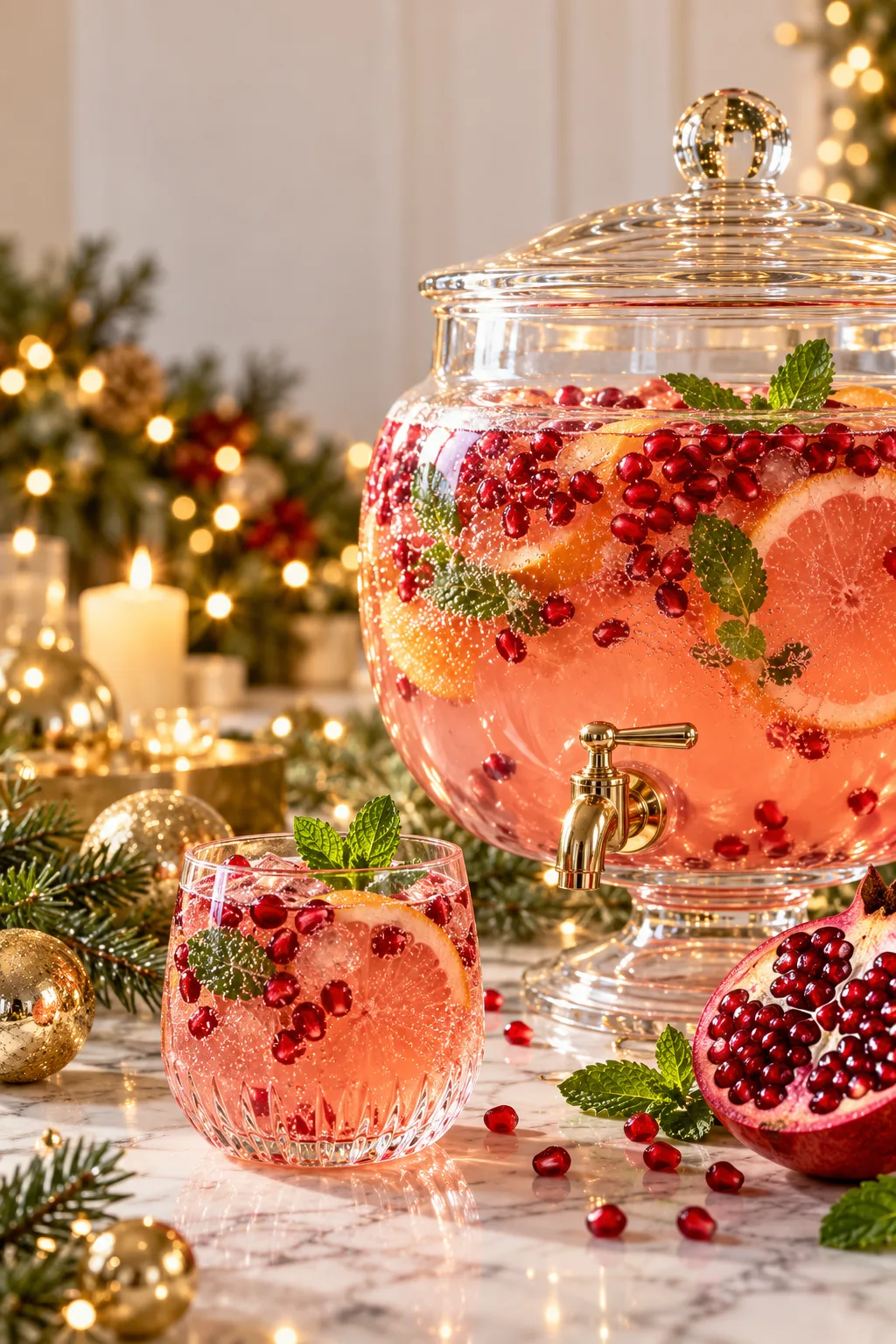 Holiday Punch: pink sparkling pomegranate punch with pomegranate seeds and mint