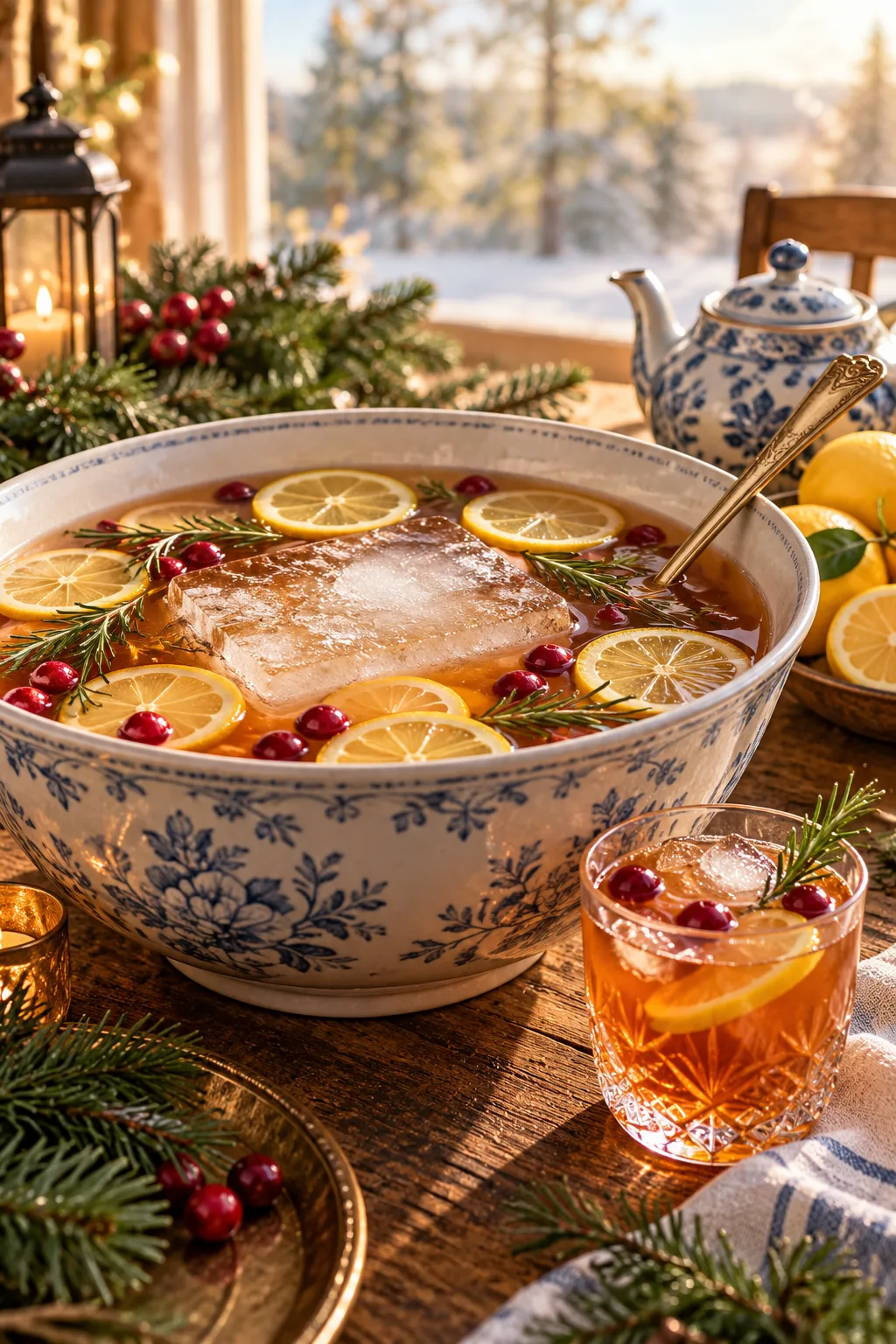 Holiday Punch: amber rye whiskey and black tea punch in a bowl with lemon slices