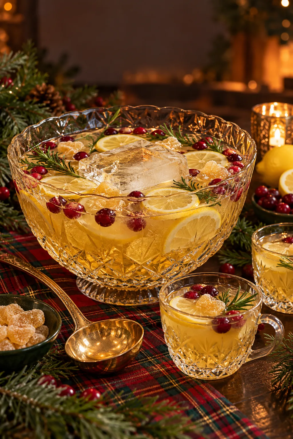 Holiday Punch: pale gold Scotch and ginger punch with lemon wheels and candied ginger