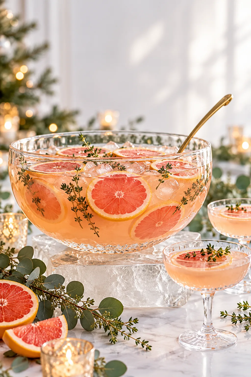 Holiday Punch: pale grapefruit gin punch with Lillet, grapefruit wheels and thyme