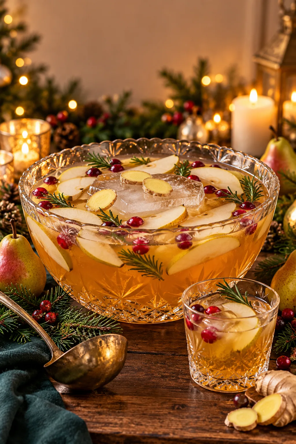 Holiday Punch: pear and ginger bourbon punch with sliced pears in a glass bowl