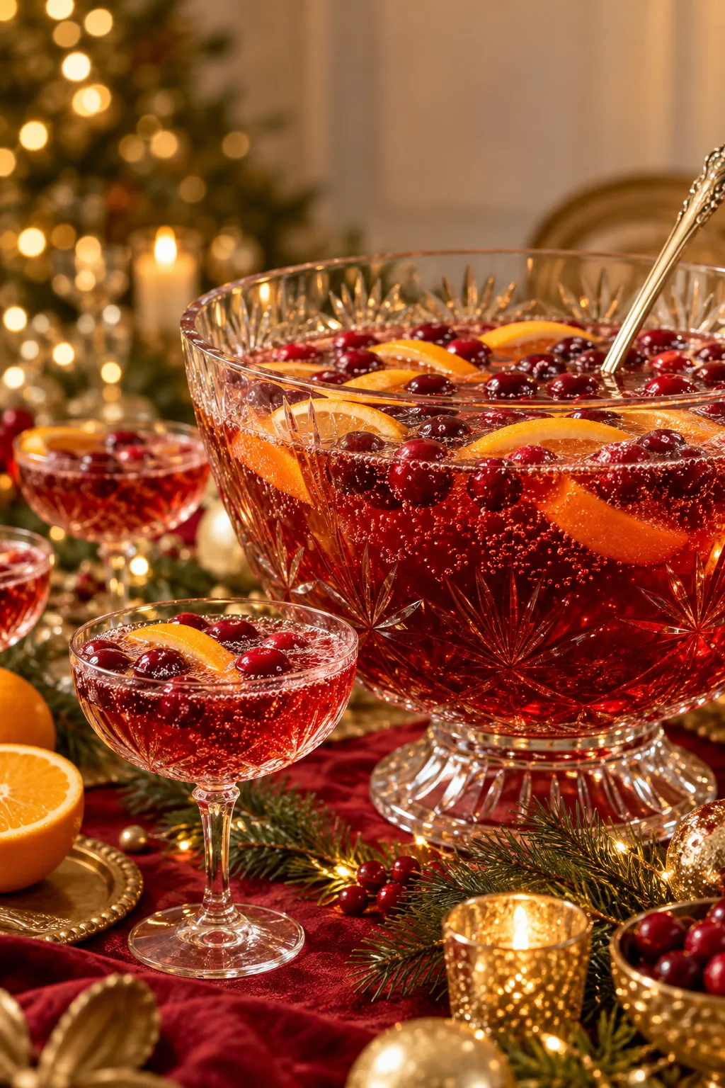 Holiday Punch: sparkling red cranberry bourbon punch with bubbles and floating cranberries