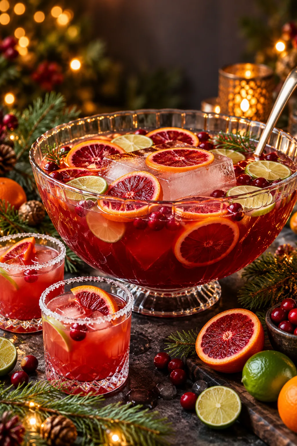 Holiday Punch: deep red blood orange tequila punch with blood orange wheels and lime