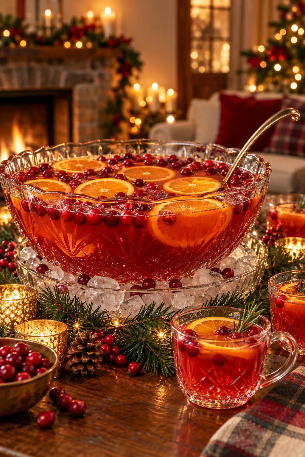 Holiday Punch: cranberry orange rum punch in a bowl with orange wheels and cranberries