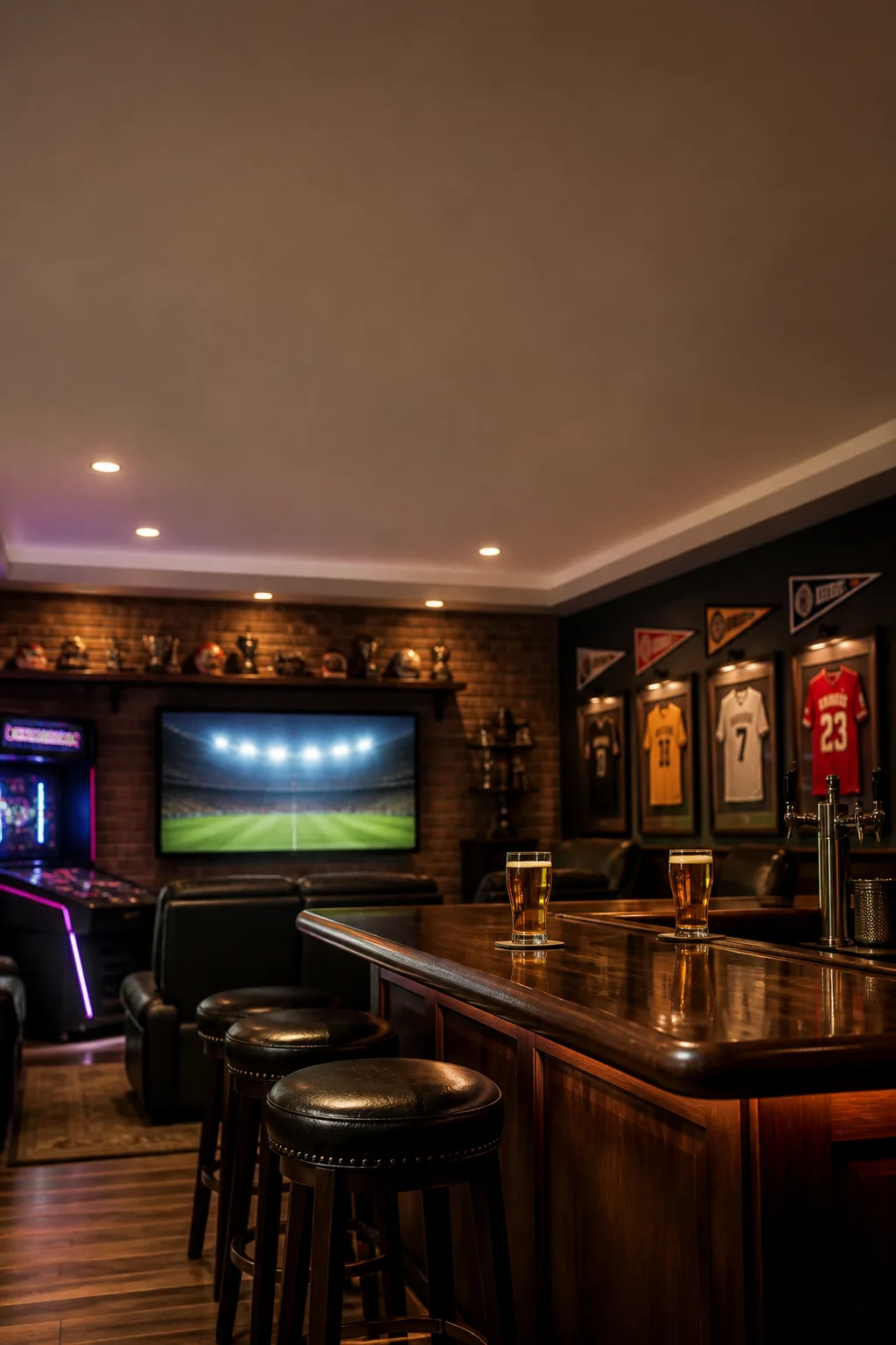 Sports-themed man cave bar with framed jerseys and a big screen