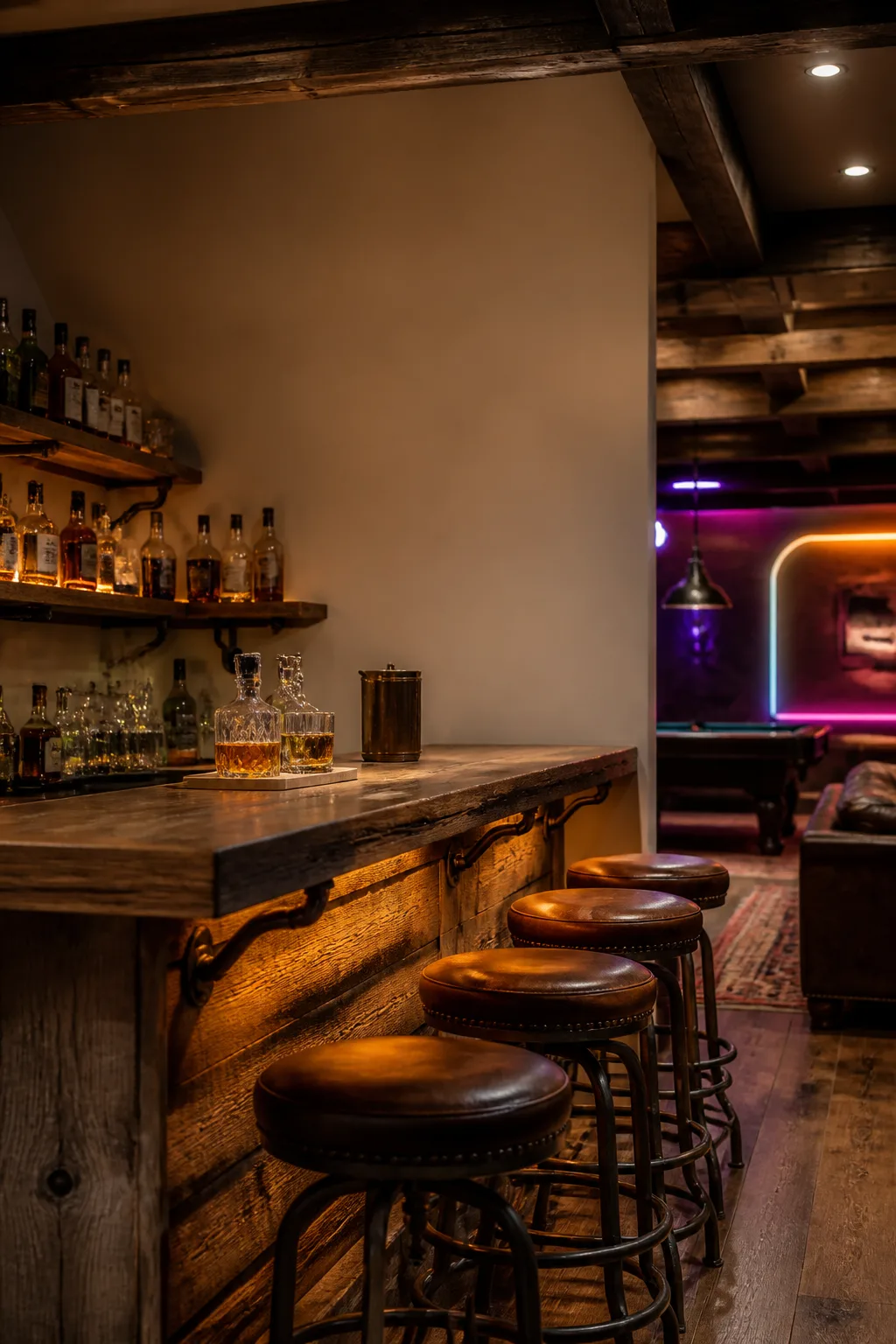 Rustic reclaimed-wood man cave bar with iron accents and leather stools
