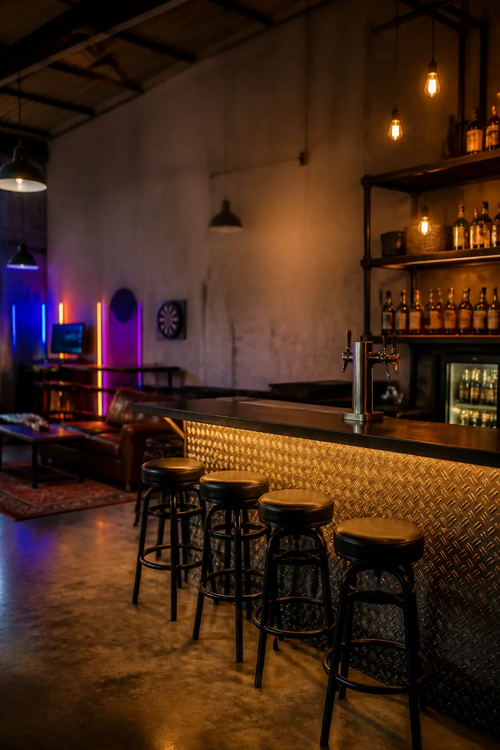 Industrial garage-turned-bar with concrete floor and filament bulbs