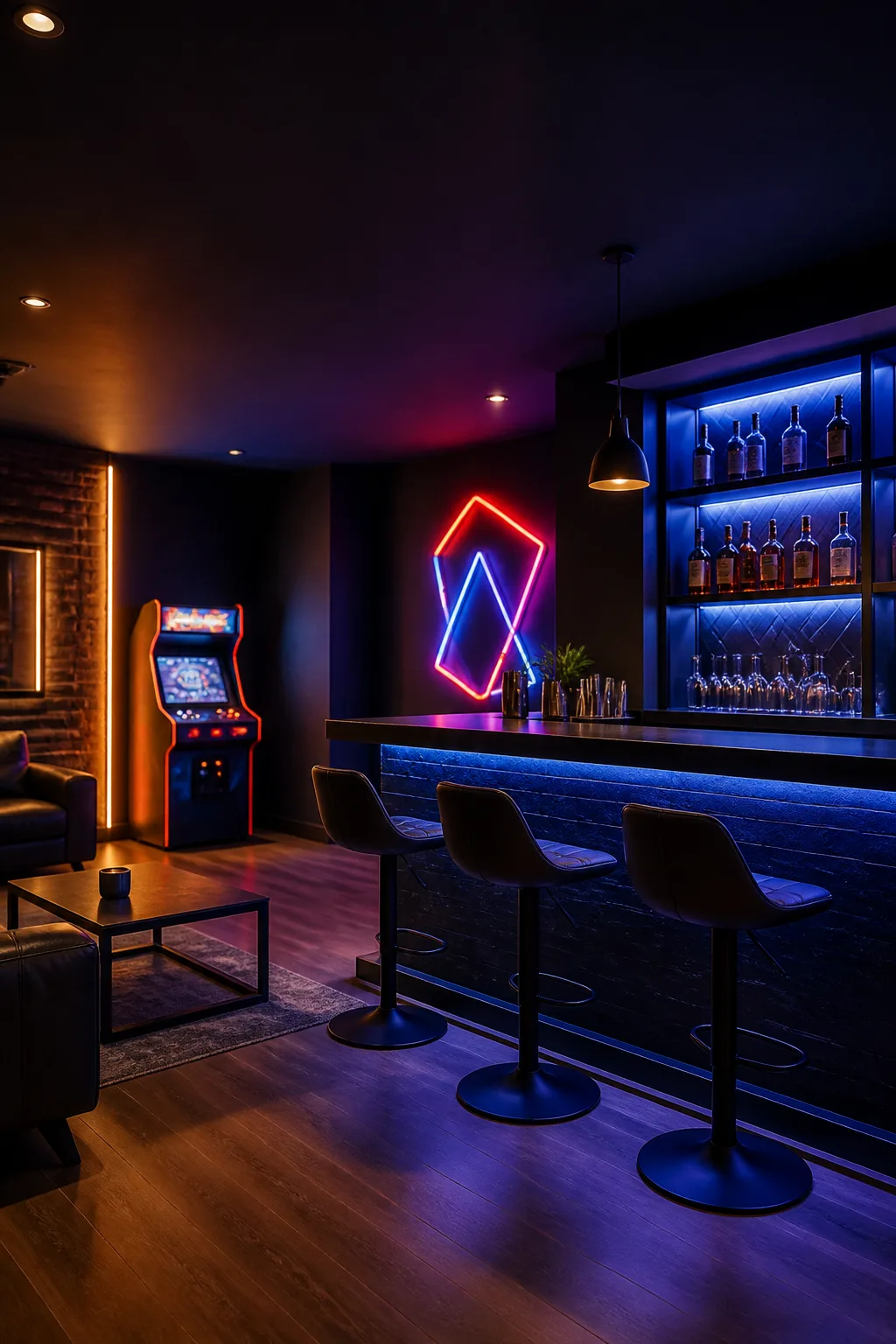Gaming man cave bar with neon signage and LED-lit shelving