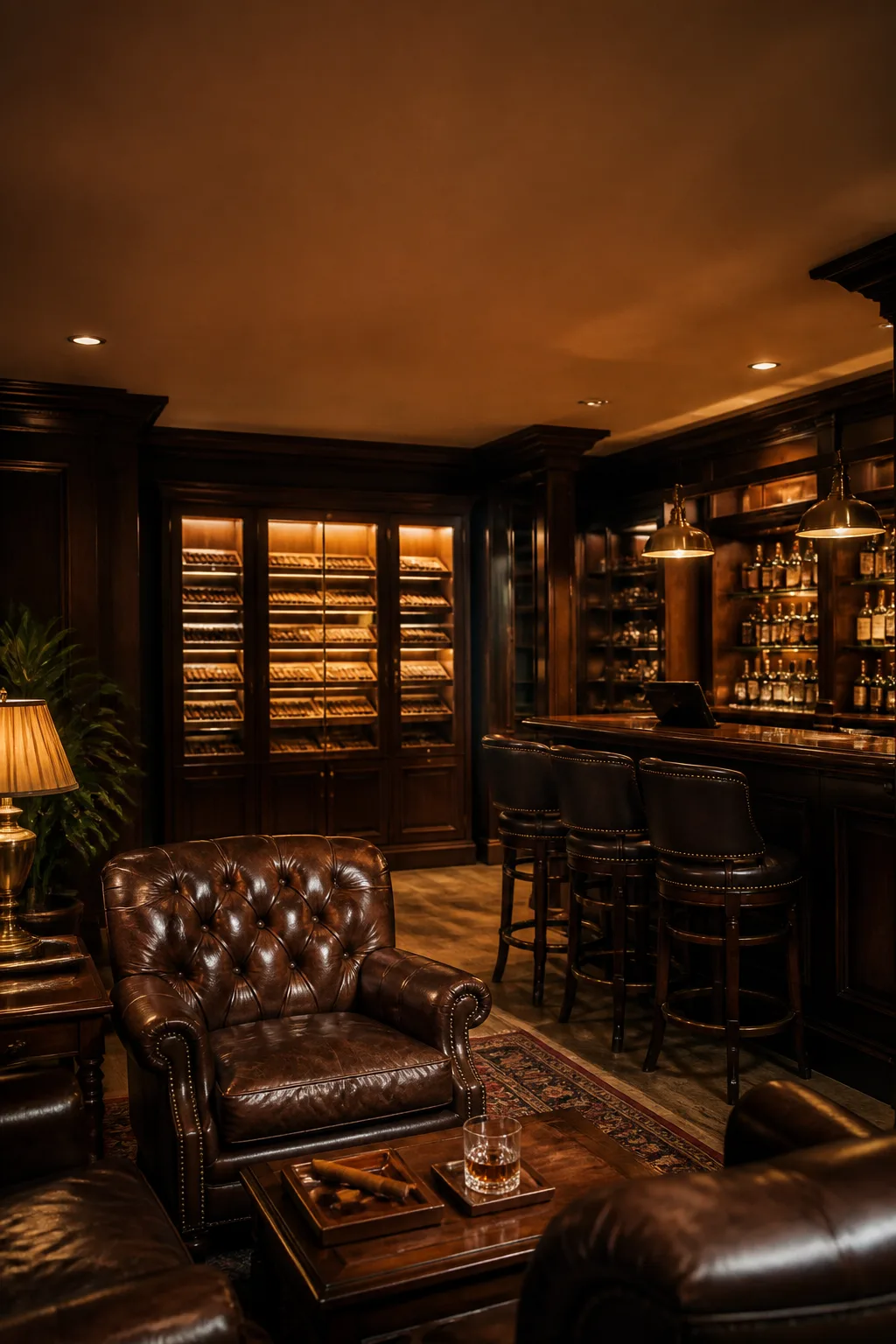 Leather and dark-wood cigar man cave with a bar and glass humidor