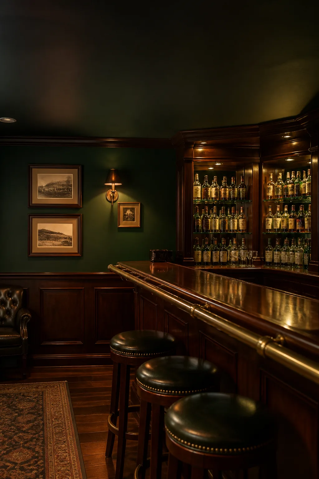 Basement pub man cave with a mahogany bar and mirrored back bar