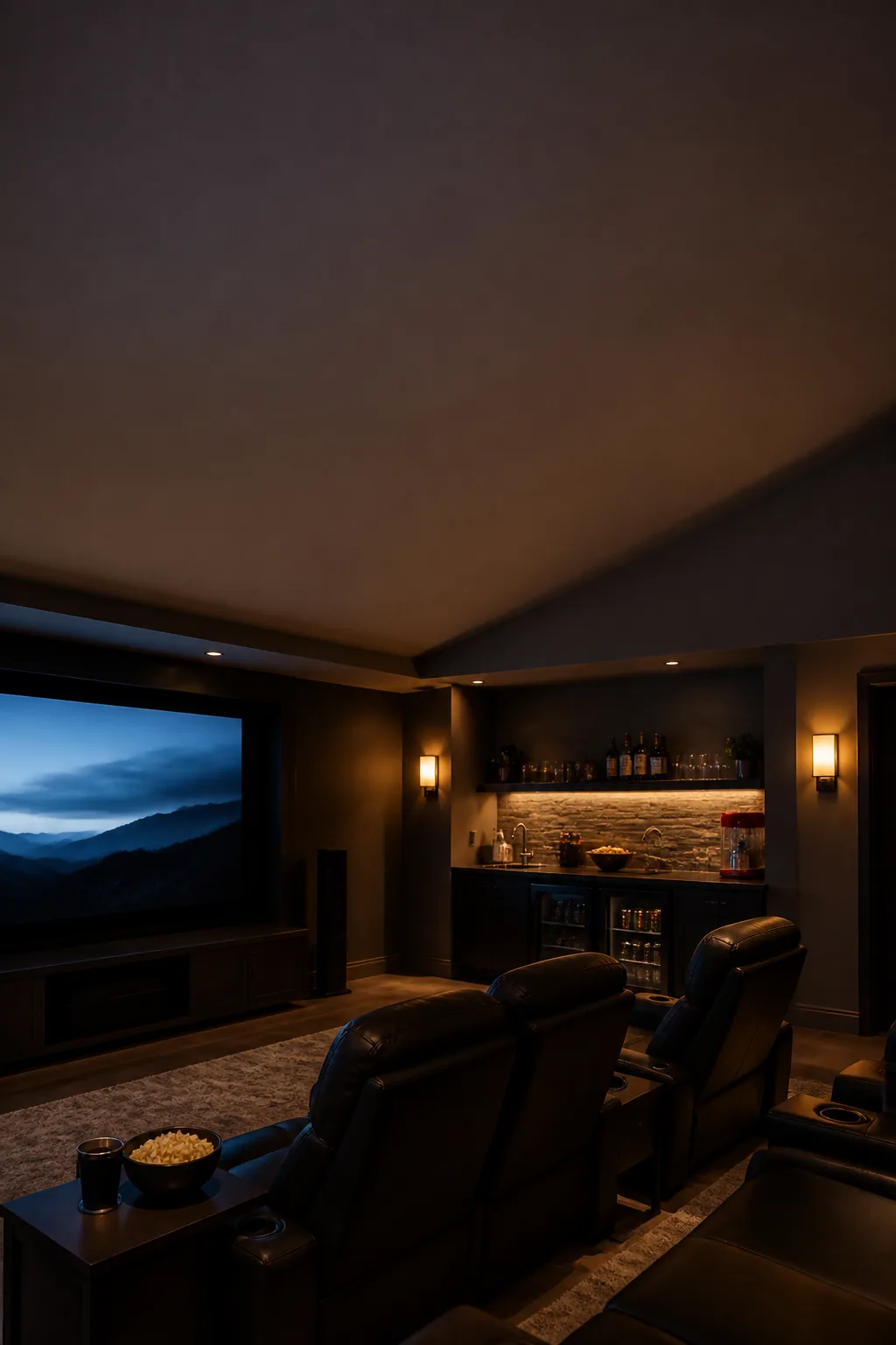 Home theater man cave with a small drinks bar along the back wall