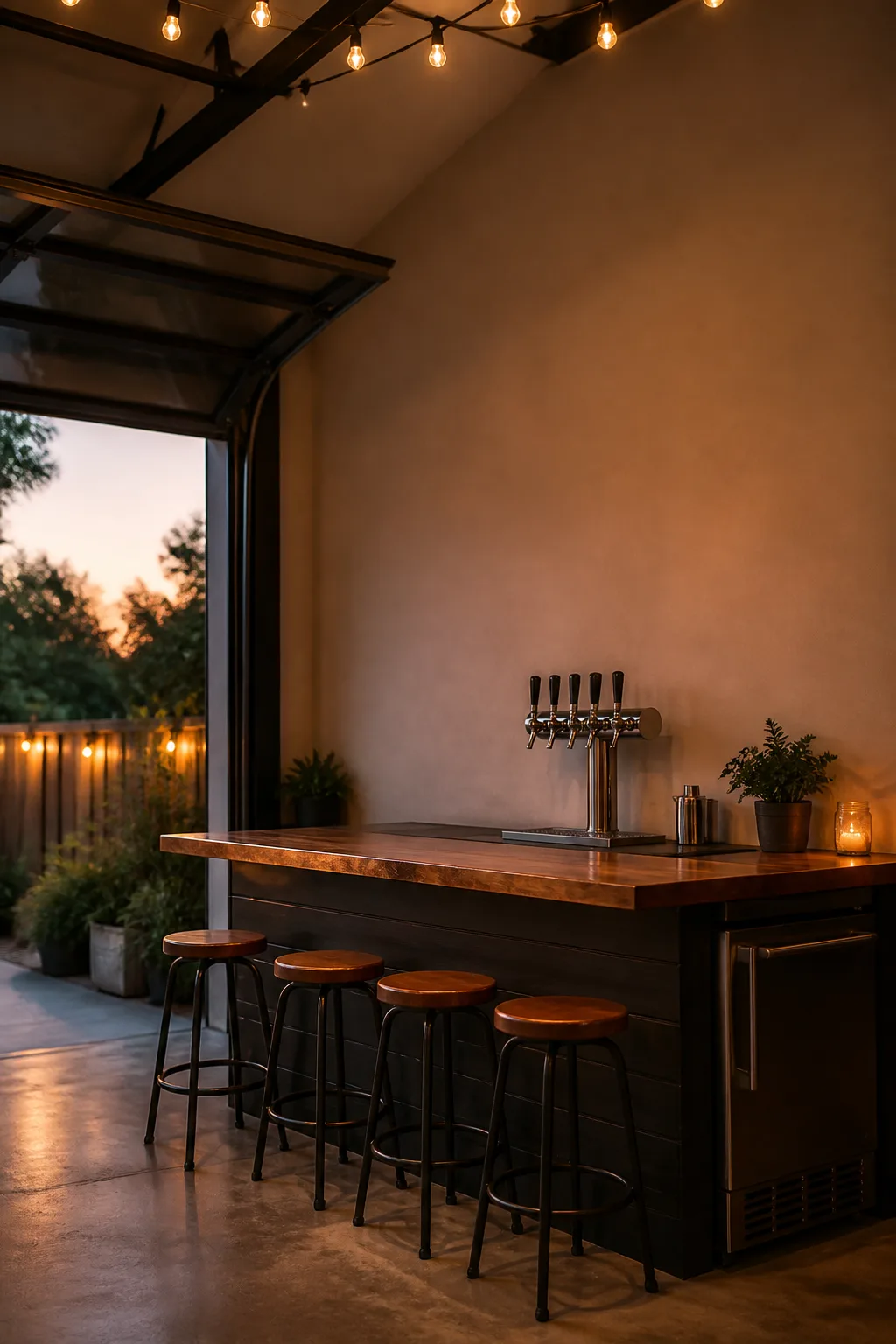 Converted garage bar with a roll-up door and multi-tap kegerator