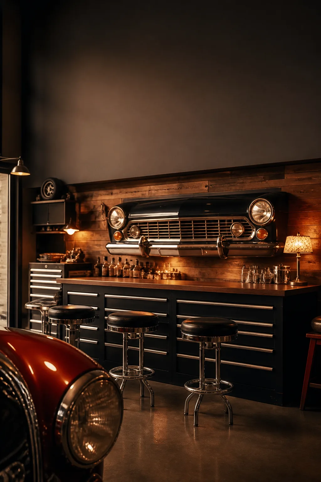 Vintage automotive-themed man cave bar with a car-grille wall accent