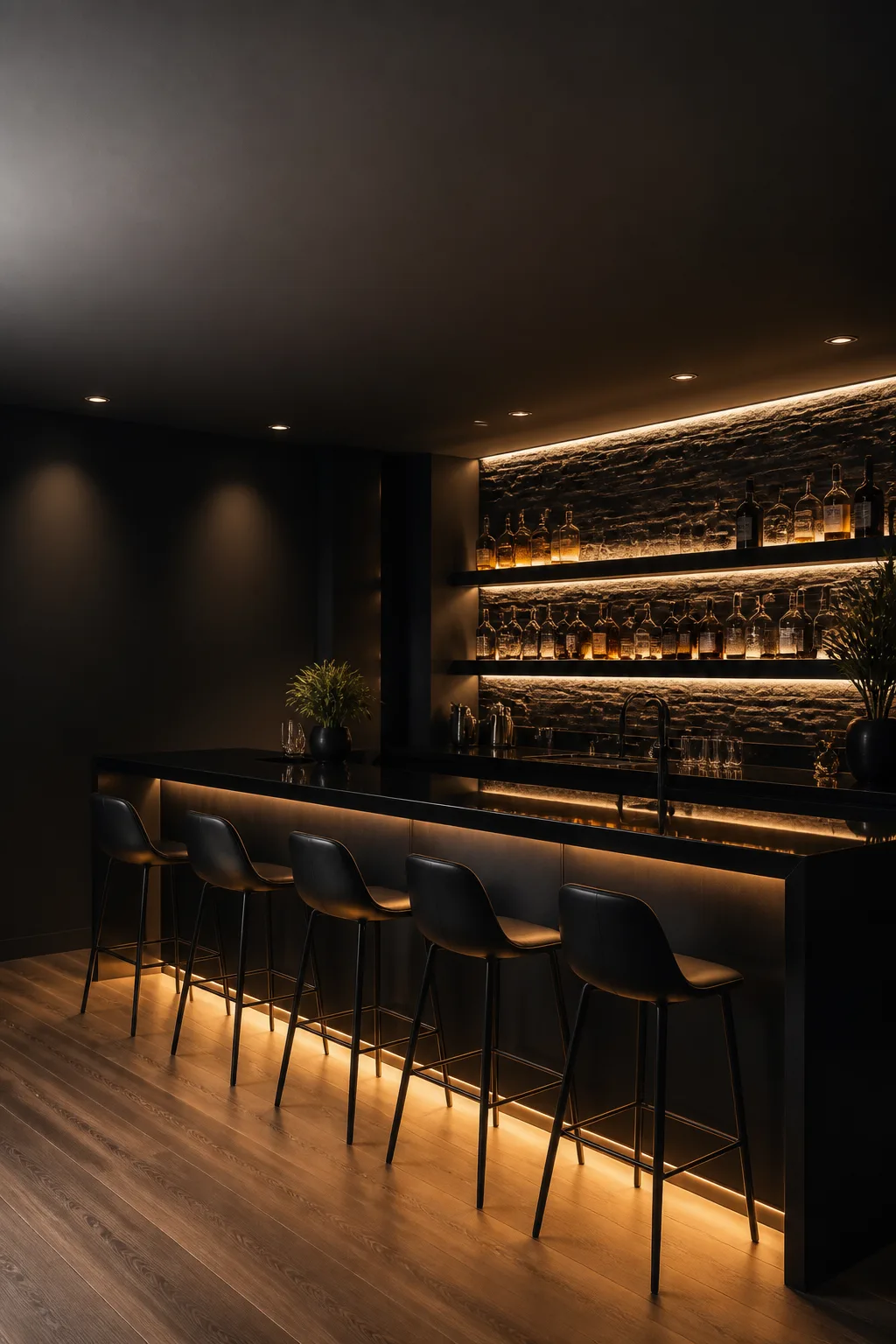 Modern black man cave bar with LED under-lighting and floating shelves