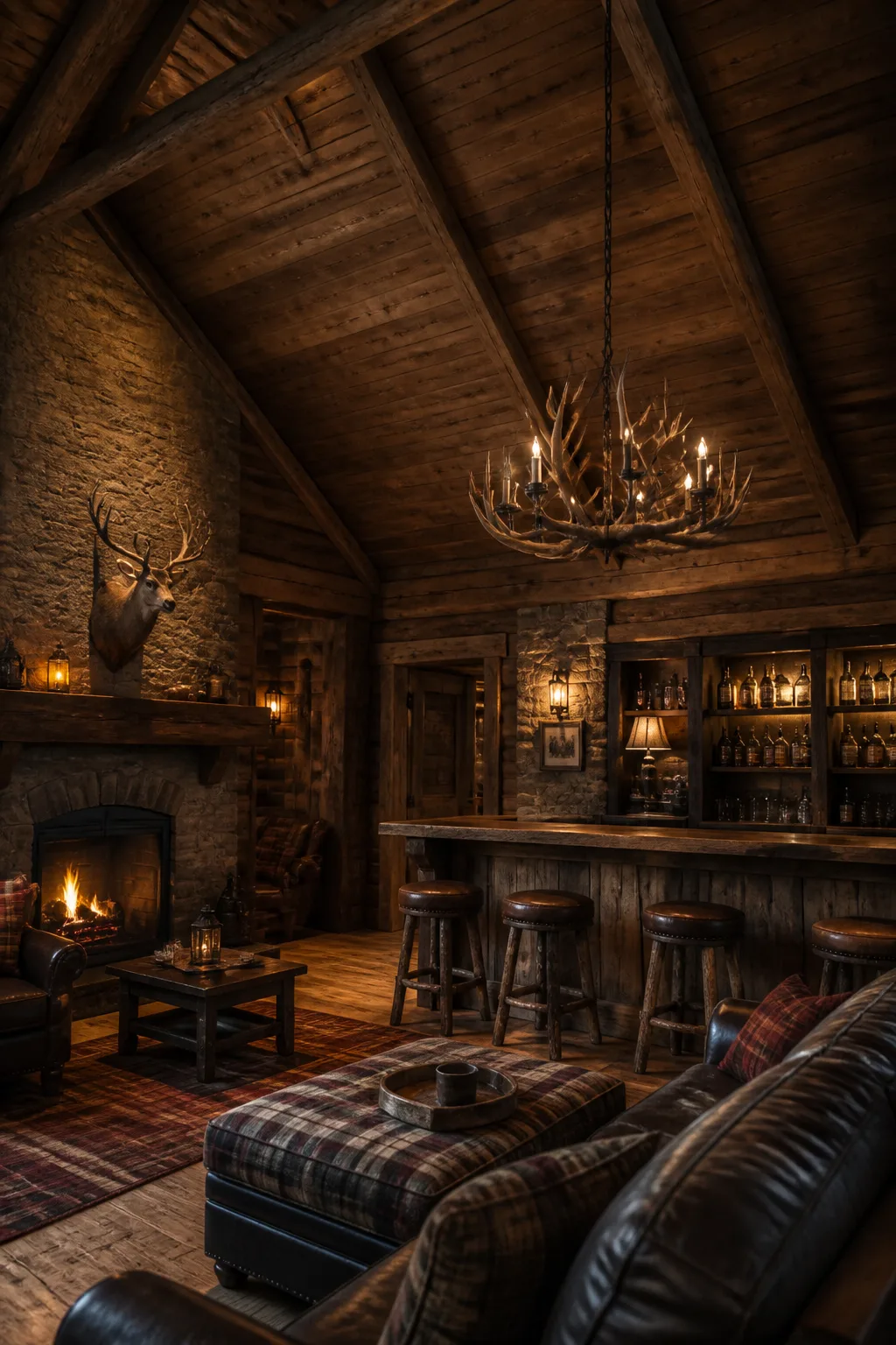 Cabin-lodge man cave bar with timber walls and a stone accent