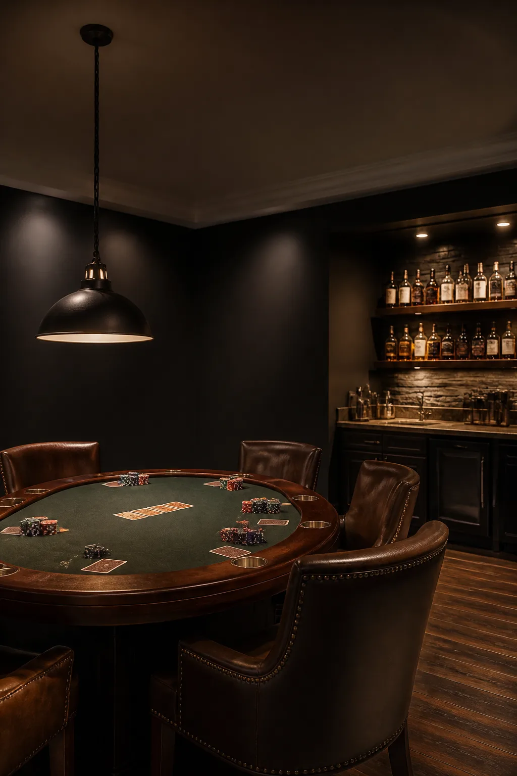 Poker-room man cave with a felt card table and a compact corner bar