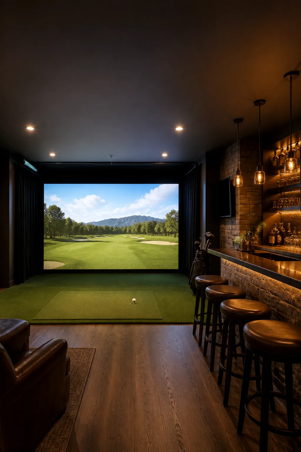 Golf-simulator man cave with a bar along the side wall facing the screen