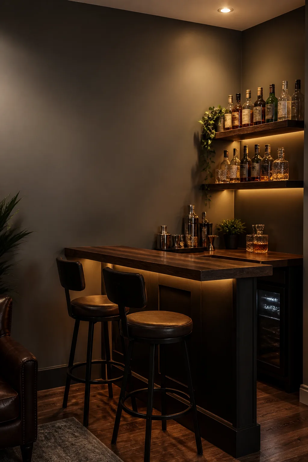 Small-space man cave bar built into a corner with floating shelves