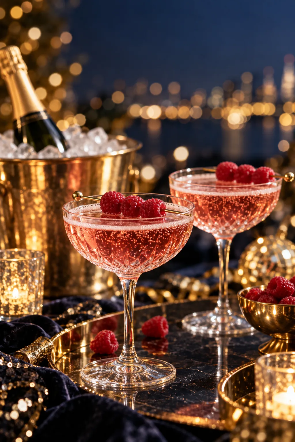 New Year's Eve Cocktail: pink Chambord royale cocktails in coupes with fresh raspberries