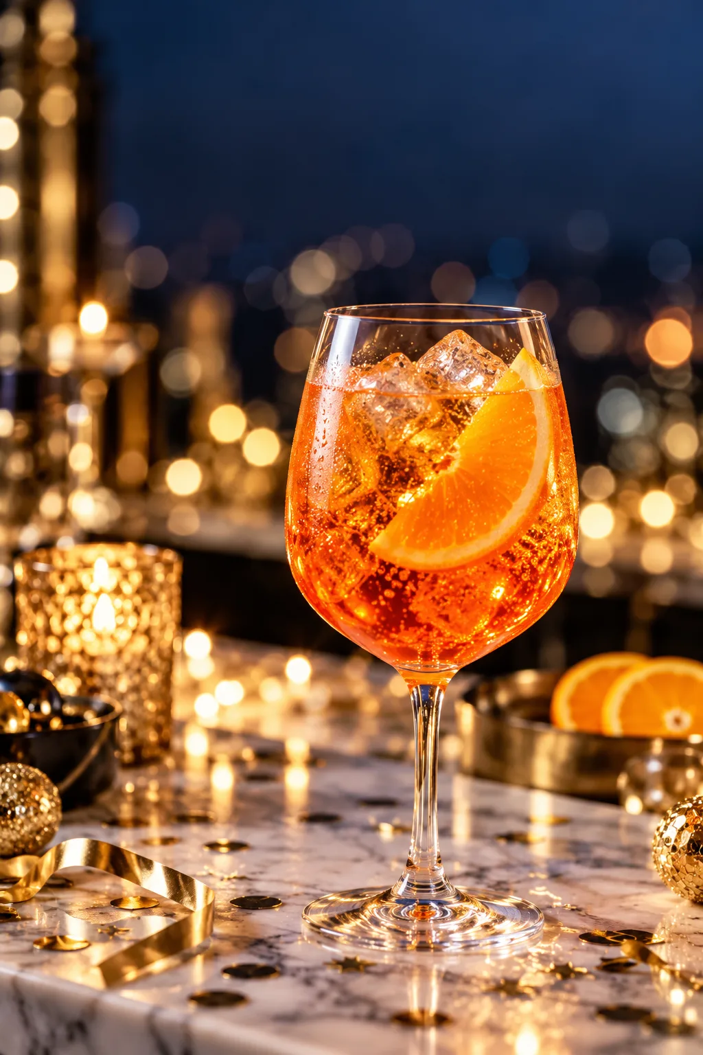 New Year's Eve Cocktail: orange Aperol spritz in a wine glass with an orange slice and ice