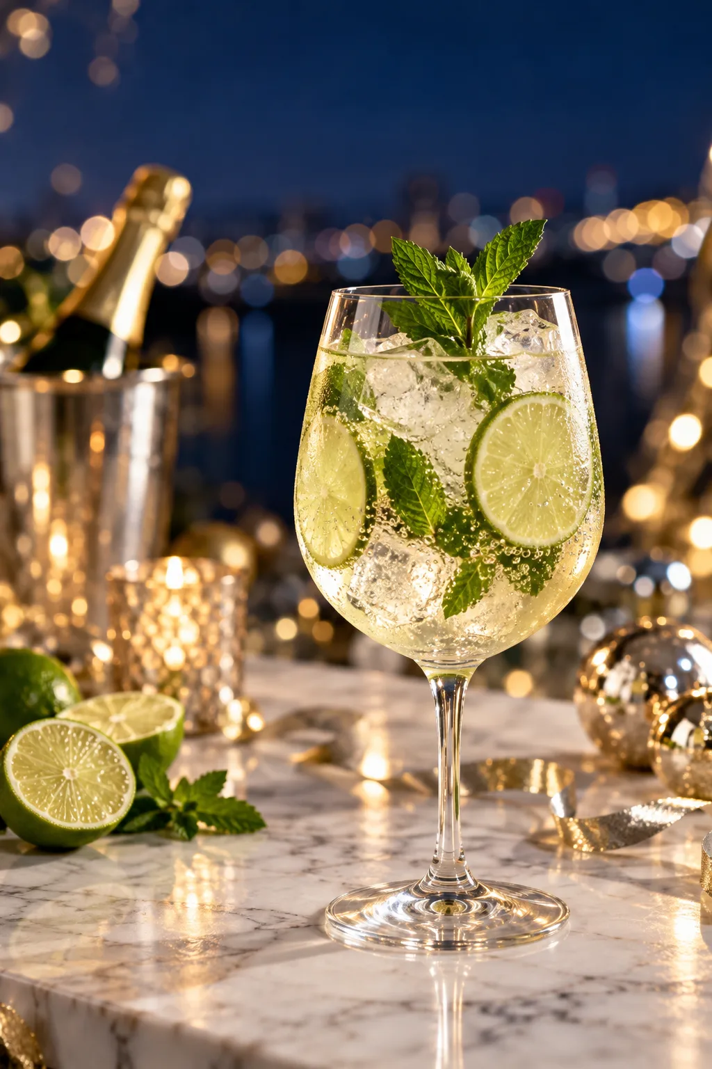 New Year's Eve Cocktail: hugo spritz with mint and lime in a wine glass on a white marble bar