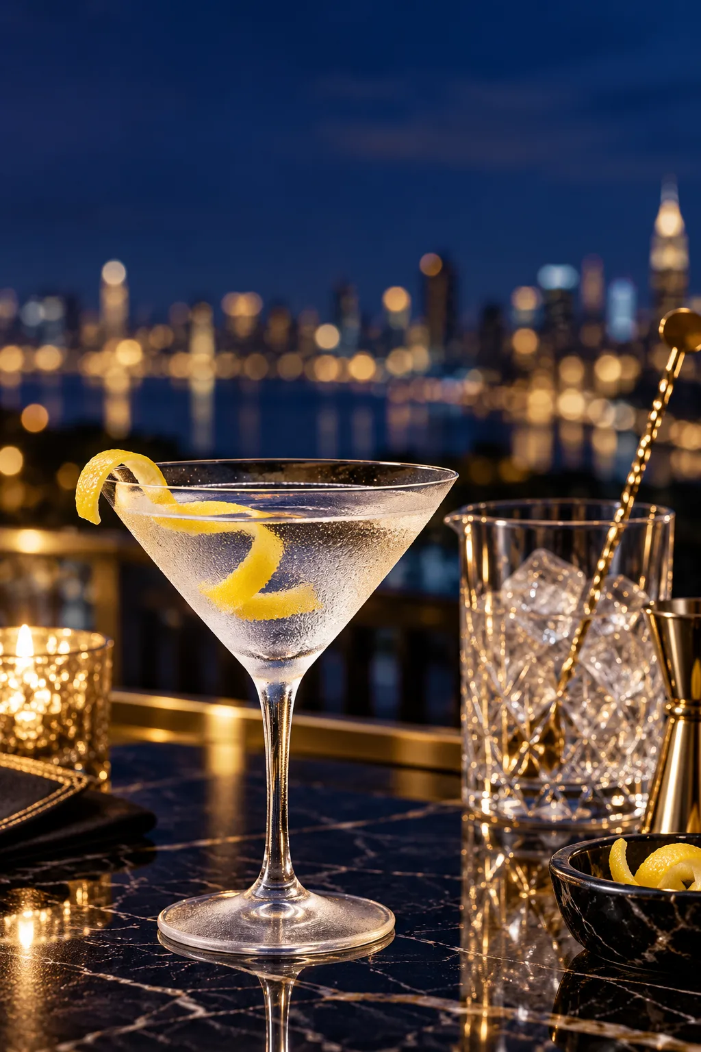 New Year's Eve Cocktail: classic gin martini in a chilled glass with a lemon twist on a black bar