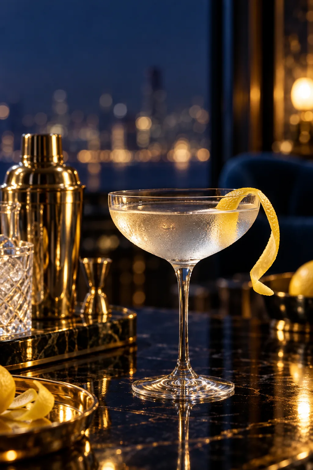 New Year's Eve Cocktail: vesper martini in a coupe with a long lemon peel on a dark bar