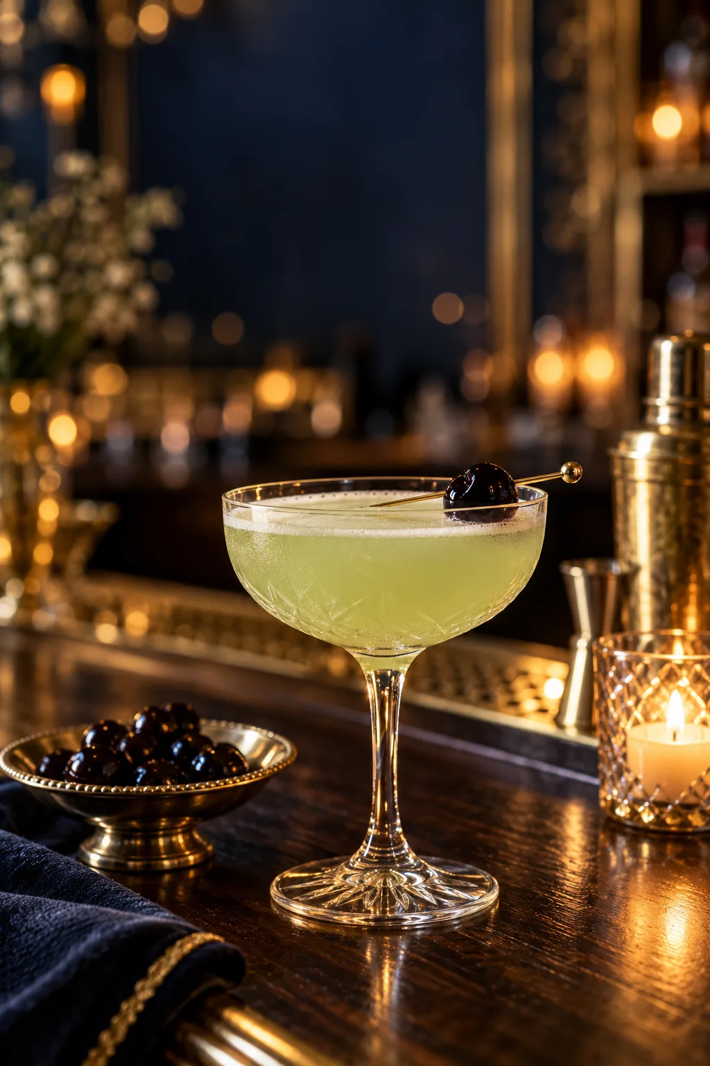 New Year's Eve Cocktail: pale green Last Word cocktail in a coupe with a cherry