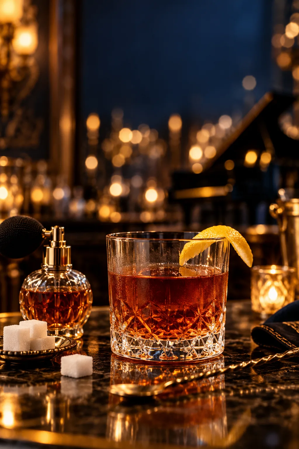 New Year's Eve Cocktail: sazerac cocktail in a rocks glass with a lemon peel and no ice