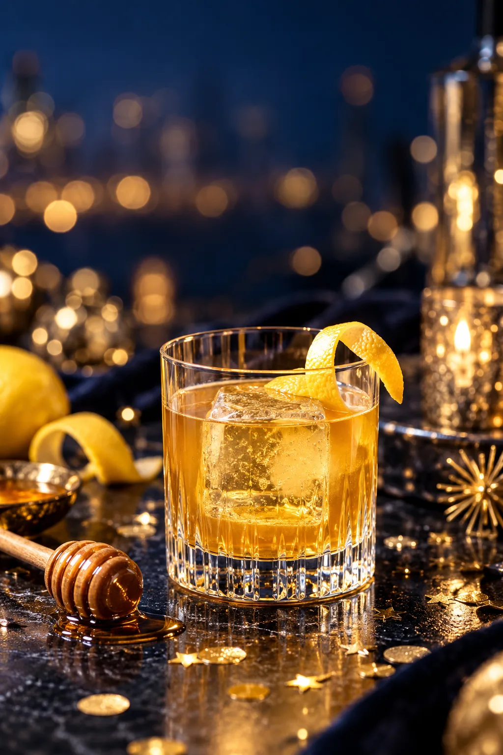 New Year's Eve Cocktail: gold Rush bourbon cocktail over a large ice cube with a lemon twist and gold confetti