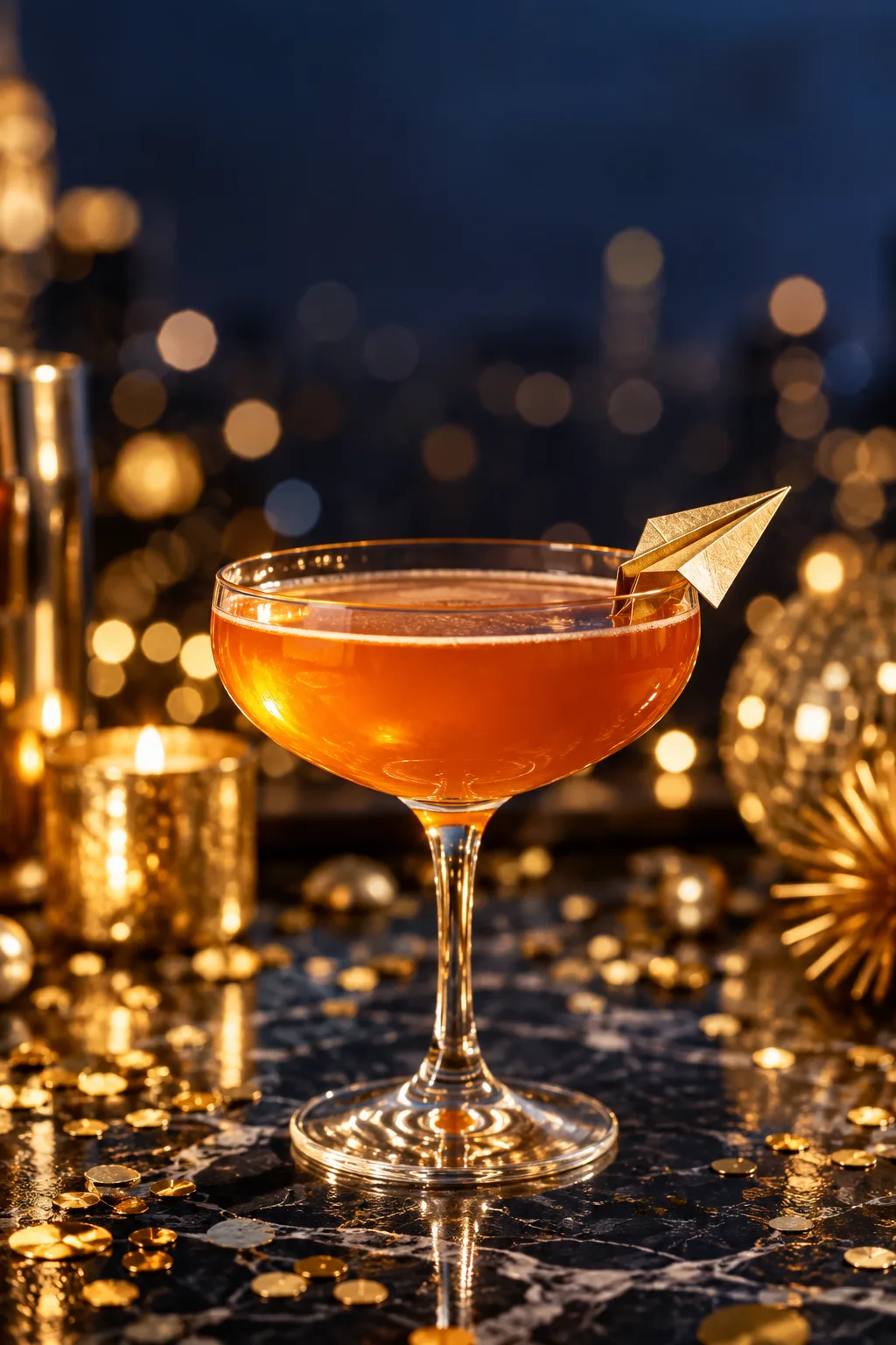New Year's Eve Cocktail: orange Paper Plane cocktail in a coupe with a tiny paper airplane garnish