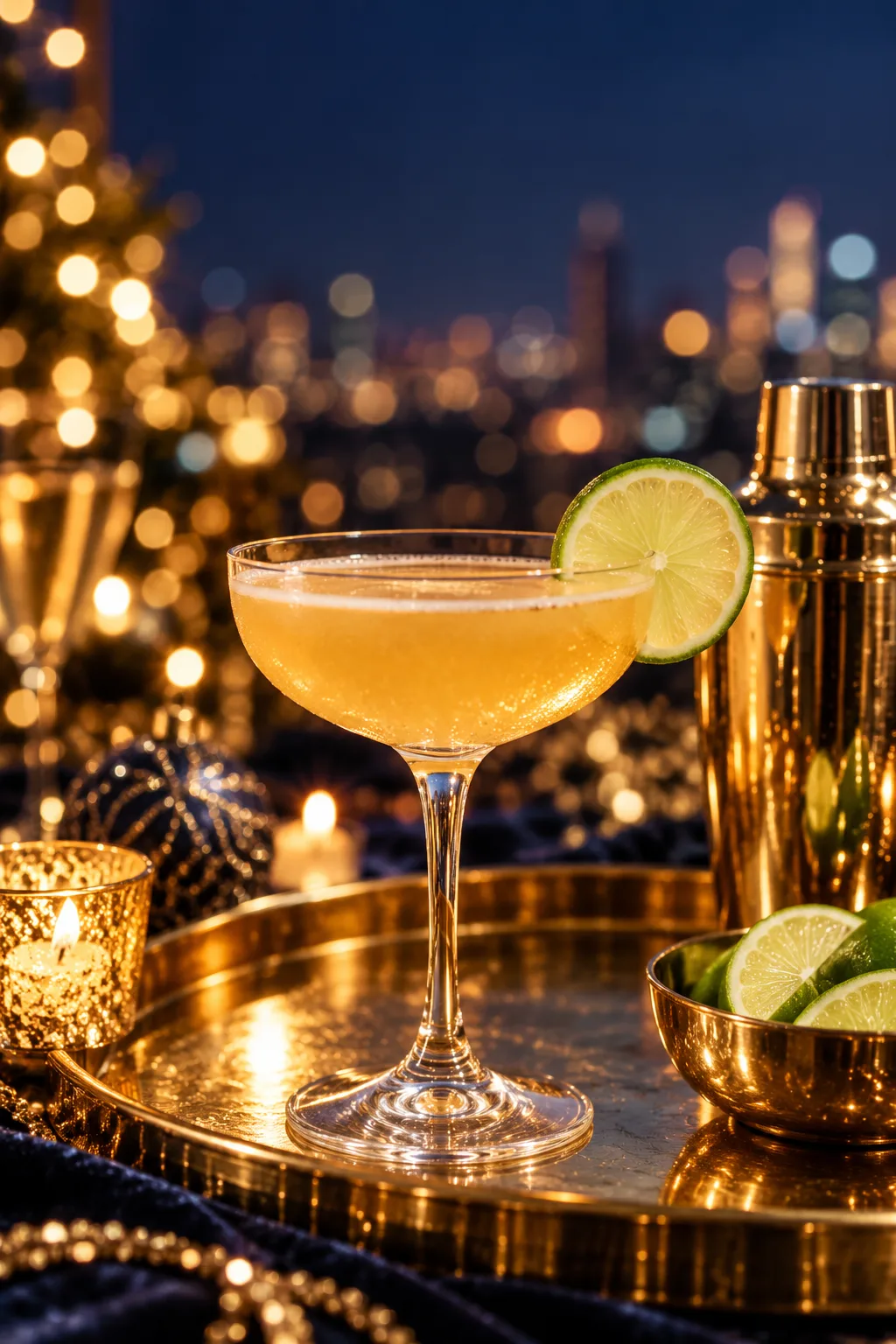 New Year's Eve Cocktail: aged rum daiquiri in a coupe with a lime wheel on a gold tray