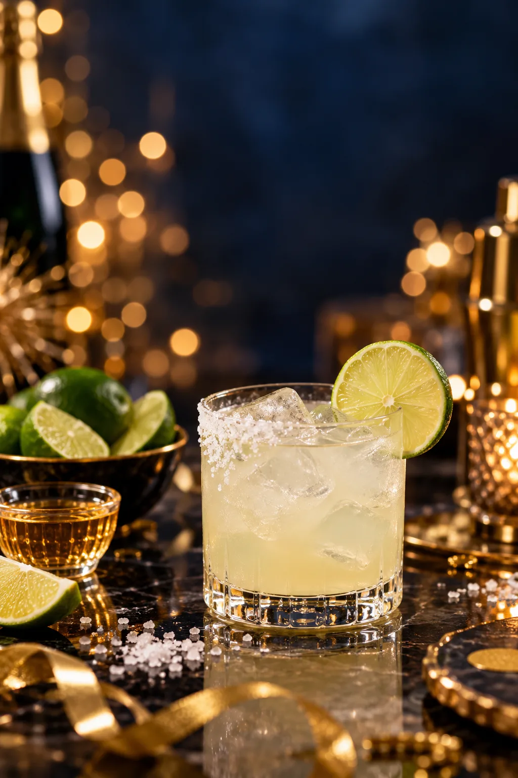 New Year's Eve Cocktail: tommy's margarita on the rocks with a lime wheel and a salt rim