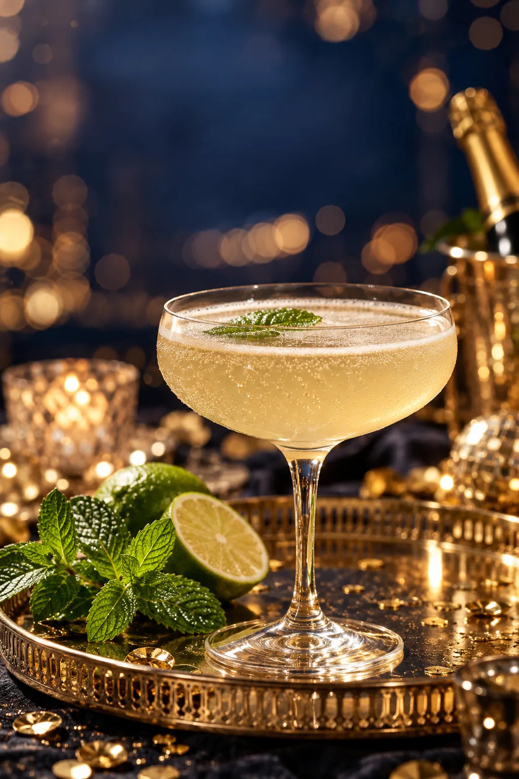 New Year's Eve Cocktail: old Cuban cocktail in a coupe with a mint leaf and Champagne bubbles