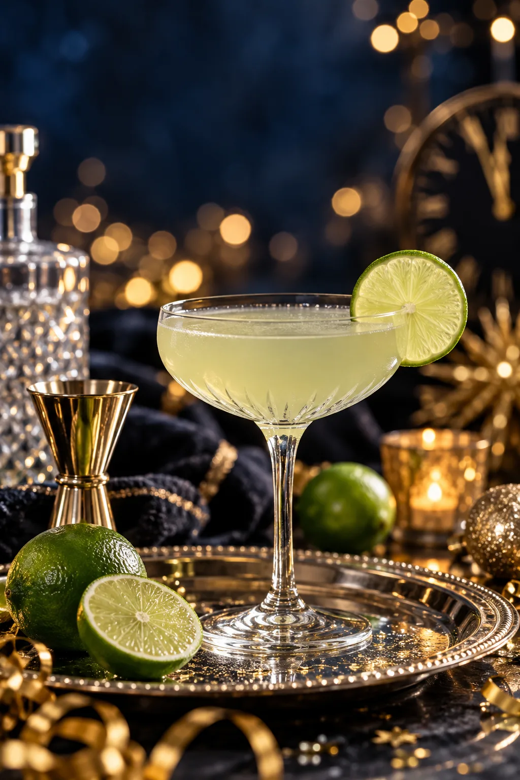 New Year's Eve Cocktail: pale green gin gimlet in a coupe with a lime wheel