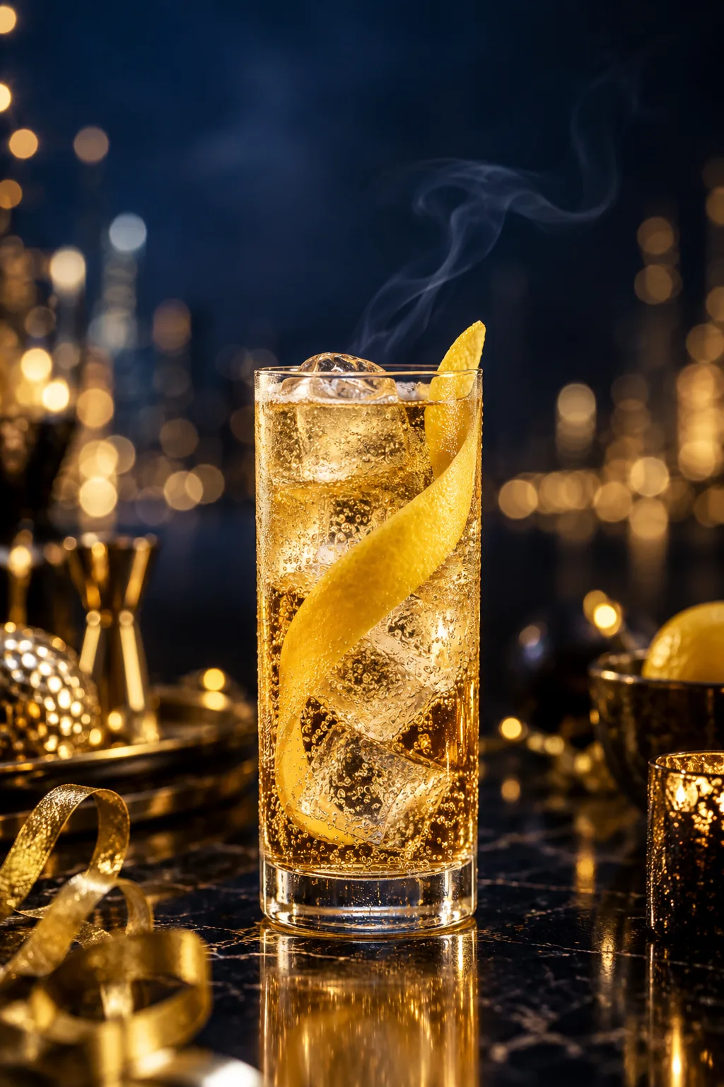 New Year's Eve Cocktail: tall smoky Scotch highball with a lemon peel and fine bubbles