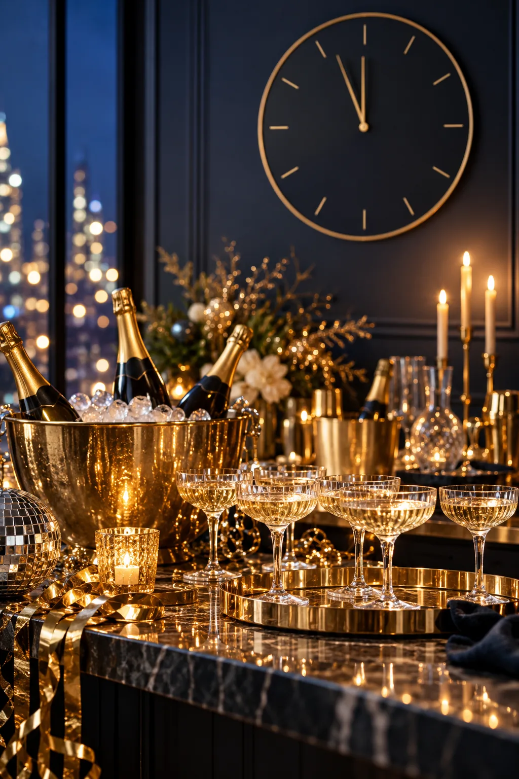 New Year's Eve Party Idea: home bar set for New Year's Eve with a large plain clock and champagne buckets
