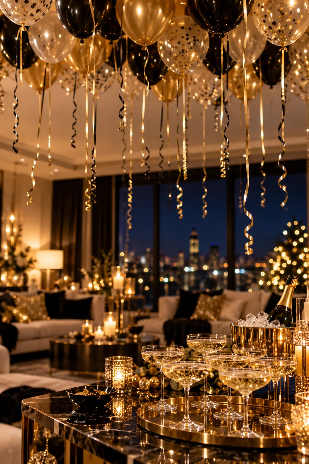 New Year's Eve Party Idea: ceiling covered in gold, black and clear balloons with hanging ribbon streamers