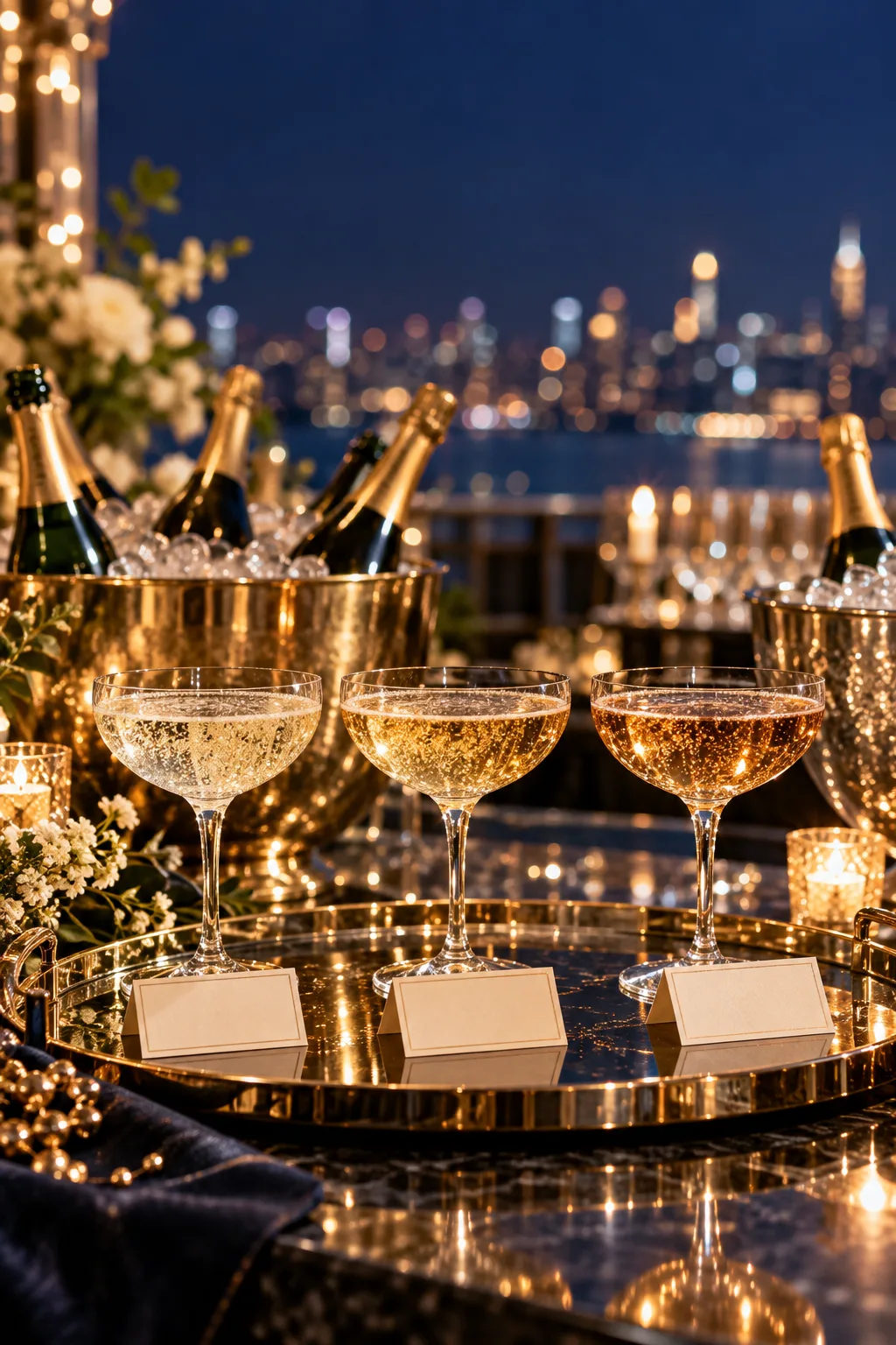 New Year's Eve Party Idea: three coupes of different sparkling wines on a tray with tasting cards