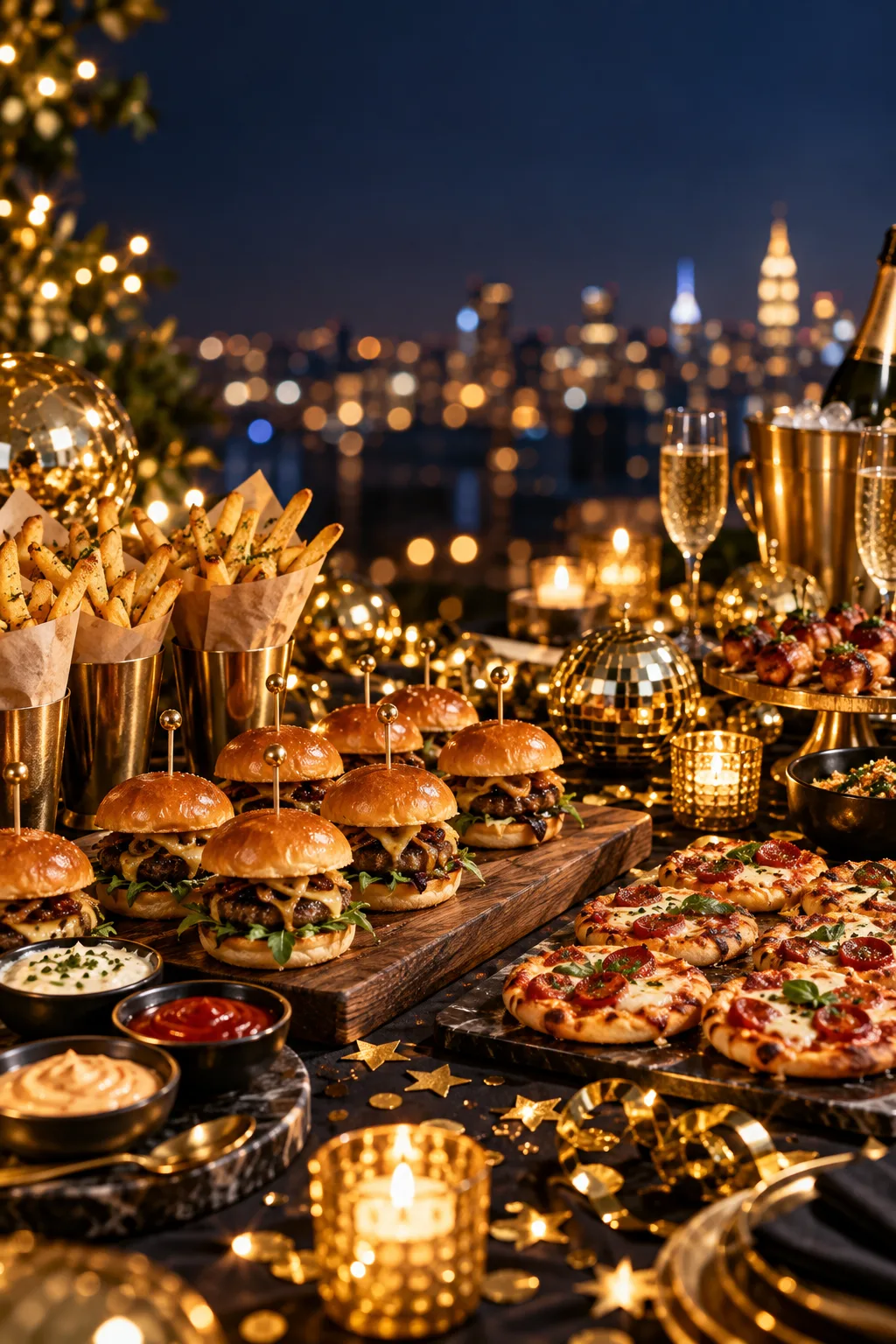 New Year's Eve Party Idea: late-night snack station with sliders, fries in cones and mini pizzas