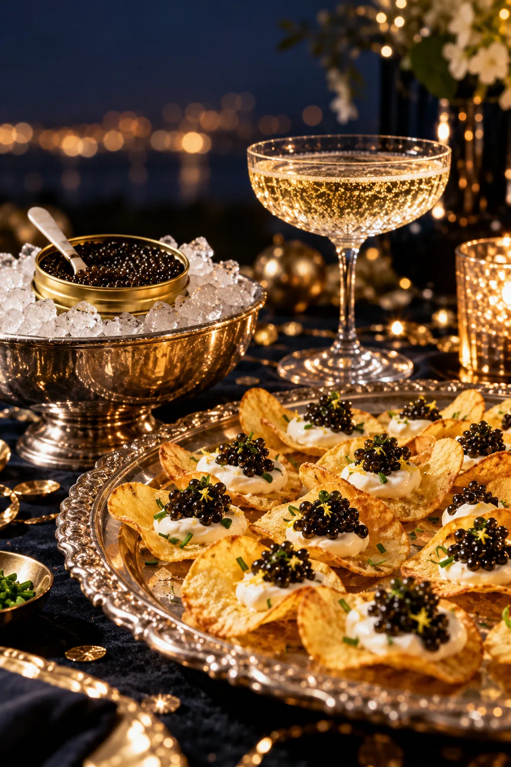 New Year's Eve Party Idea: potato chips topped with crème fraîche and caviar beside a coupe of champagne