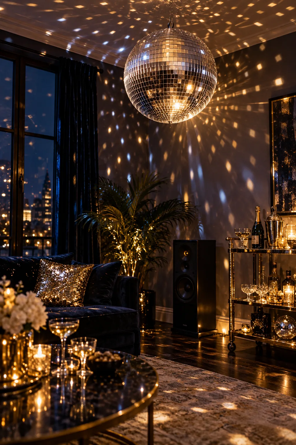 New Year's Eve Party Idea: disco ball scattering light over a cleared living room dance corner