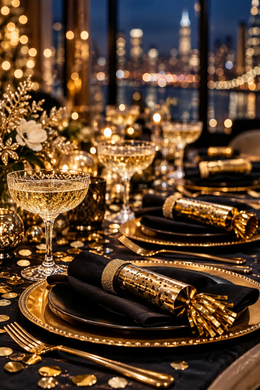 New Year's Eve Party Idea: party table set with gold confetti poppers, coupes and black napkins