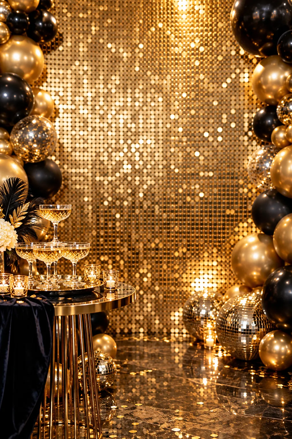 New Year's Eve Party Idea: shimmering gold sequin wall backdrop with balloons for party photos