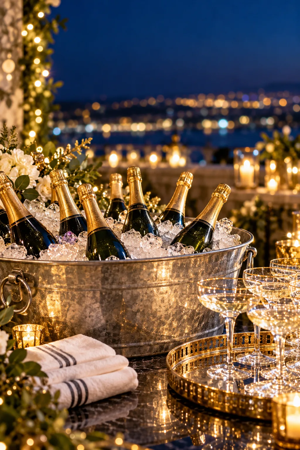 New Year's Eve Party Idea: galvanized tub filled with ice and unlabeled sparkling wine bottles