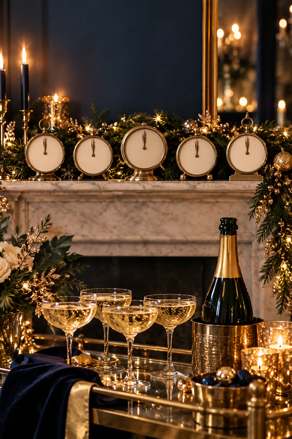 New Year's Eve Party Idea: row of small vintage clocks on a mantel above coupes for hourly toasts