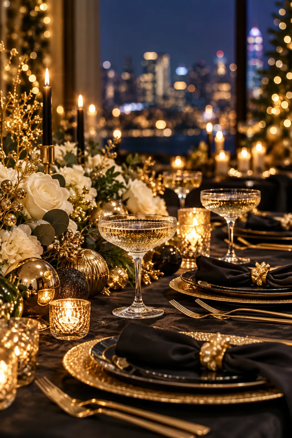 New Year's Eve Party Idea: dinner table set in black and gold with gold cutlery and coupes