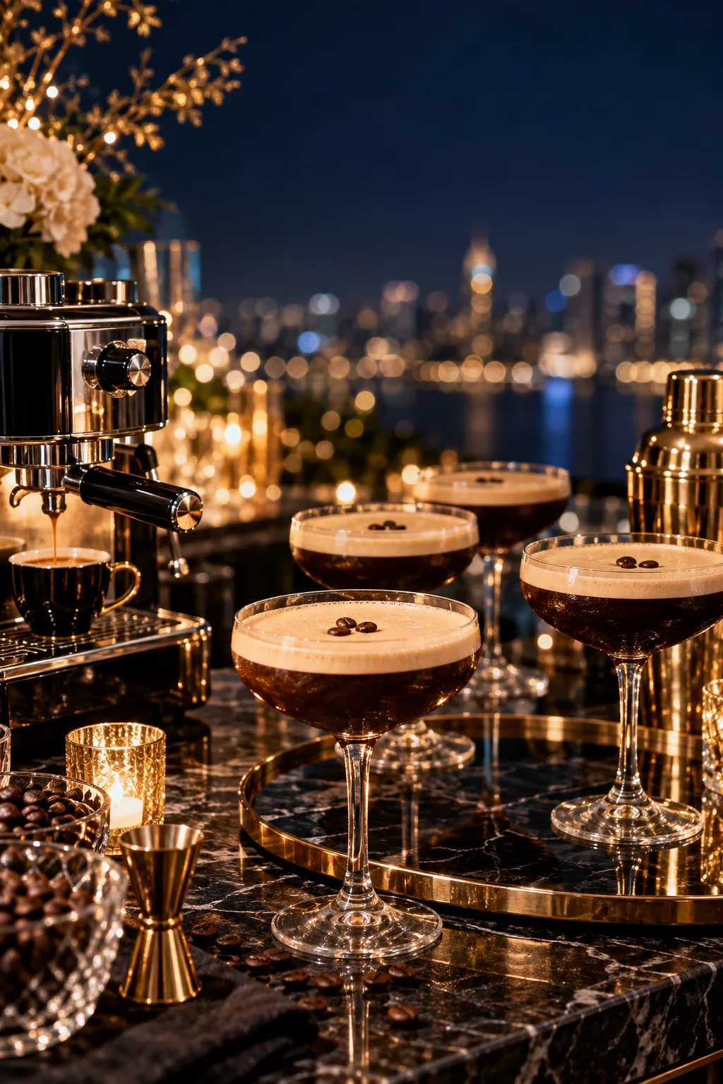 New Year's Eve Party Idea: espresso martini station with an espresso machine, coupes and coffee beans