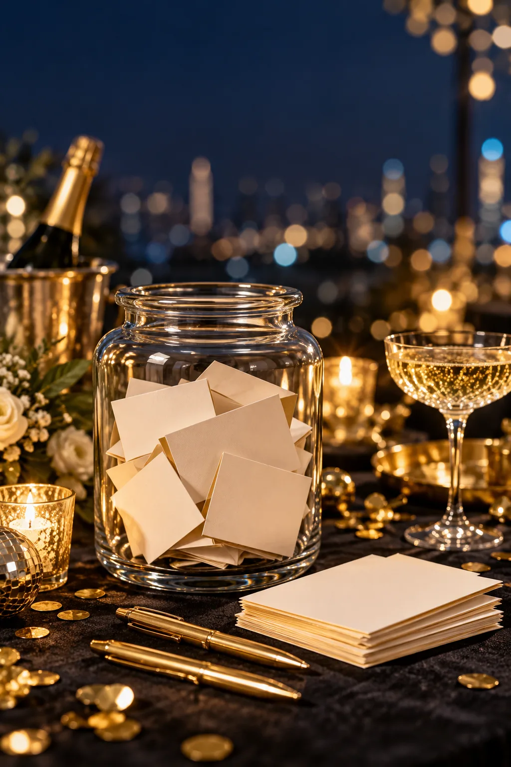 New Year's Eve Party Idea: glass jar with blank folded cards and gold pens on a party table